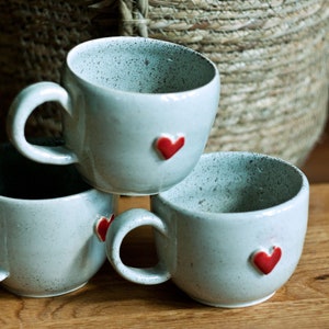 Ceramic Coffee Mug with Red Heart: Wheel-Thrown Pottery Cup