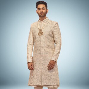 Handmade Cream/Beige Sherwani Achkan with Gold Work | Premium Designer Ethnic Wedding Wear for Men | Tailored Fit