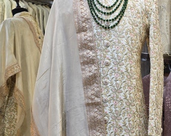 Handmade Cream Sherwani with Gold Pink Embroidery, Groom Attire