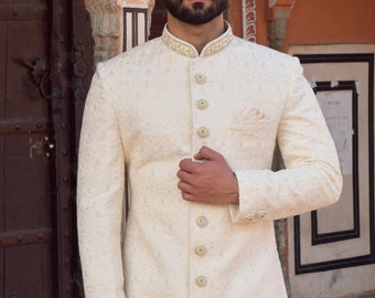 Off White Ivory Sherwani with hand embroidered collar and buttons for Men, Indian groom / Groomsman