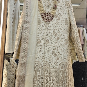 Handmade Off White Sherwani for Men Jodhpuri Achkan Bandhgala Kurta Churidar outfit | Perfect Groom and Family Wedding Wear