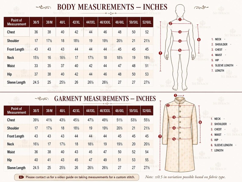 May include: Detailed chart with body and garment measurements in inches for a formal coat. Includes chest, shoulder, front length, neck, waist, hip, and sleeve length measurements, with a diagram of a person and coat.