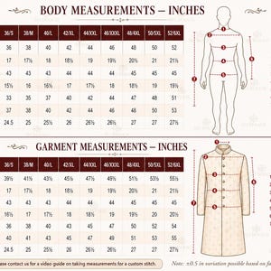 Puede incluir: Tabla de medidas en pulgadas para un abrigo formal, que detalla las tallas del cuerpo y de la prenda. Incluye medidas de pecho, hombros, largo delantero, cuello, cintura, cadera y largo de manga. Con diagramas de una persona y un abrigo.