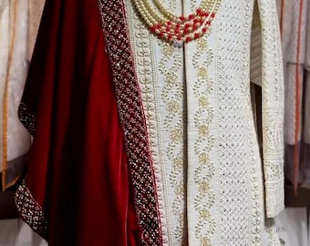 Handmade Ivory Sherwani: Gold Work Jacket, Tailored Fit