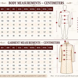 May include: Detailed chart with body and garment measurements in centimeters for a formal jacket. Includes chest, shoulder, and sleeve length measurements, with sizes ranging from 36/S to 52/6XL. A diagram illustrates measurement points.