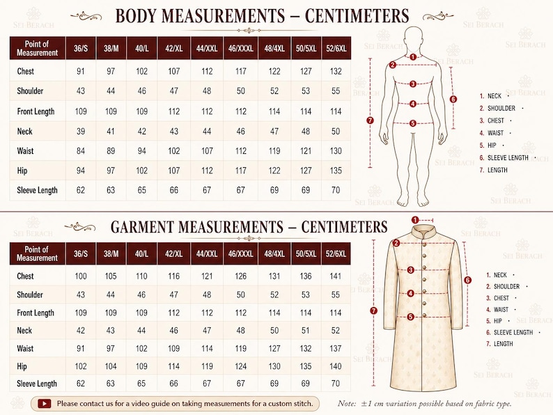 May include: Detailed chart with body and garment measurements in centimeters for a formal jacket. Includes chest, shoulder, and sleeve length measurements, with sizes ranging from 36/S to 52/6XL. A diagram illustrates measurement points.