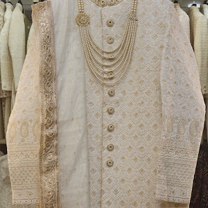Handmade Off White Sherwani for Men Jodhpuri Achkan Bandhgala Kurta Churidar outfit | Perfect Groom and Family Wedding Wear
