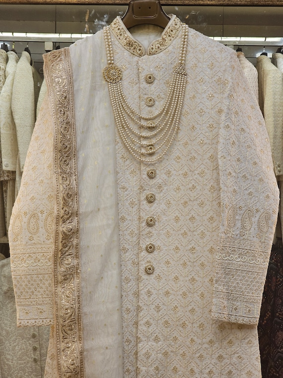 Handmade Off White Sherwani Outfit | Indian Groom Wedding Wear