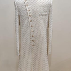 Handmade white Sherwani with gold buttons for Men Find Your Perfect Fit: Tailored Sherwanis Delivered to Your Door