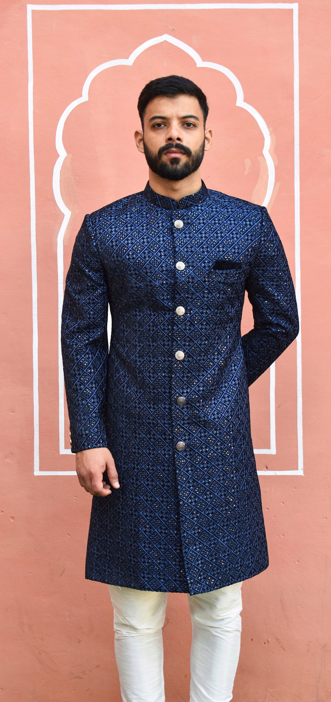 Wedding Navy Blue Sherwani Groom Buy Handmade Blue Sherwani For