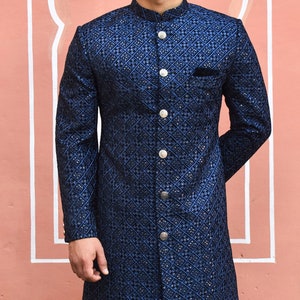 Handmade Blue Sherwani for Men Jodhpuri Achkan Bandhgala Kurta with Churidar pant | Perfect for Groom and Family Wedding Wear