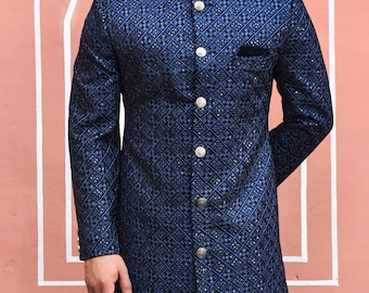 Handmade Blue Sherwani for Men Jodhpuri Achkan Bandhgala Kurta with Churidar pant | Perfect for Groom and Family Wedding Wear