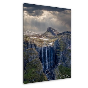 Waterfall Photo Norway Hydnefossen Scandinavian Landscape Wall Art, Nordic Nature Decor, Mountain and Stormy Sky Photo
