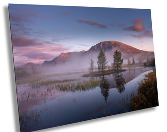 Impresión fotográfica de paisaje de montaña al amanecer: Arte mural celestial