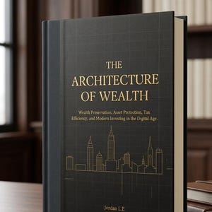 Może przedstawiać: Czarna książka w twardej oprawie zatytułowana The Architecture of Wealth autorstwa Jordana L.E Galahada. Okładka zawiera złoty tekst, podtytuł dotyczący ochrony majątku oraz złotą grafikę przedstawiającą panoramę miasta na tle siatki.