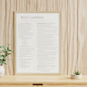 May include: A framed resume with the title "Best Candidate" and the text "Operations & Technology Strategist". The resume lists work experience, skills, and education.