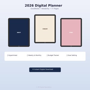 2026 iPad Digital Planner GoodNotes Notability | 77 Pages Hyperlinked | Navy Cream Pink