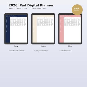 Agenda digitale per iPad 2026 GoodNotes Notability | 77 pagine con collegamenti ipertestuali | Blu navy, crema, rosa