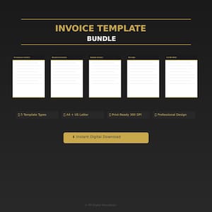 Invoice Template Printable | Freelancer Business Receipt Credit Note | A4 US Letter PDF | Black Gold Professional