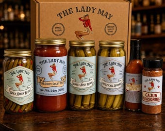 The Lady May Deluxe Bloody Mary Box | Small-Batch Cocktail Kit with Pickled Garnishes, Cajun Rim Spice & Sweet Heat Hot Sauce