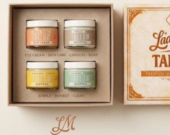 Tallow Skincare Gift Set 4 Piece Travel Size | Whipped Beef Tallow Balm Sampler | Vanilla, Unscented, Manuka Honey & Eye Cream
