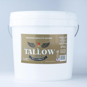 May include: A white plastic bucket with a gold label featuring the text Original Tallow, All Natural, Premium Quality Goods, Skincare, Soap, Candle & DIY Projects, and a net weight of approximately 11.5-14 lbs printed on the front label.