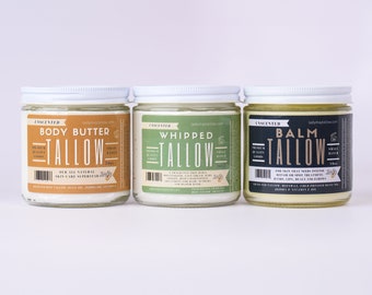 Tallow Skin Care TRIO, Three 16oz Jars, All natural Whipped, Tallow, Body Butter and Balm