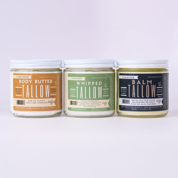 Tallow Skin Care TRIO, Three 16oz Jars, All natural Whipped, Tallow, Body Butter and Balm