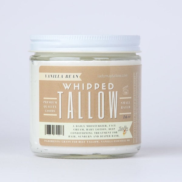 16oz Vanilla Whipped Tallow, Grass fed Beef Tallow Moisturizer