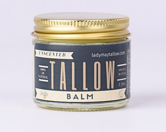 Unscented Tallow Balm, 2oz All Natural Grass Fed Tallow, Vitamin E & Jojoba