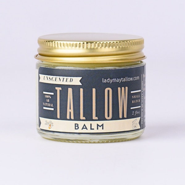 Unscented Tallow Balm, 2oz All Natural Grass Fed Tallow, Vitamin E & Jojoba