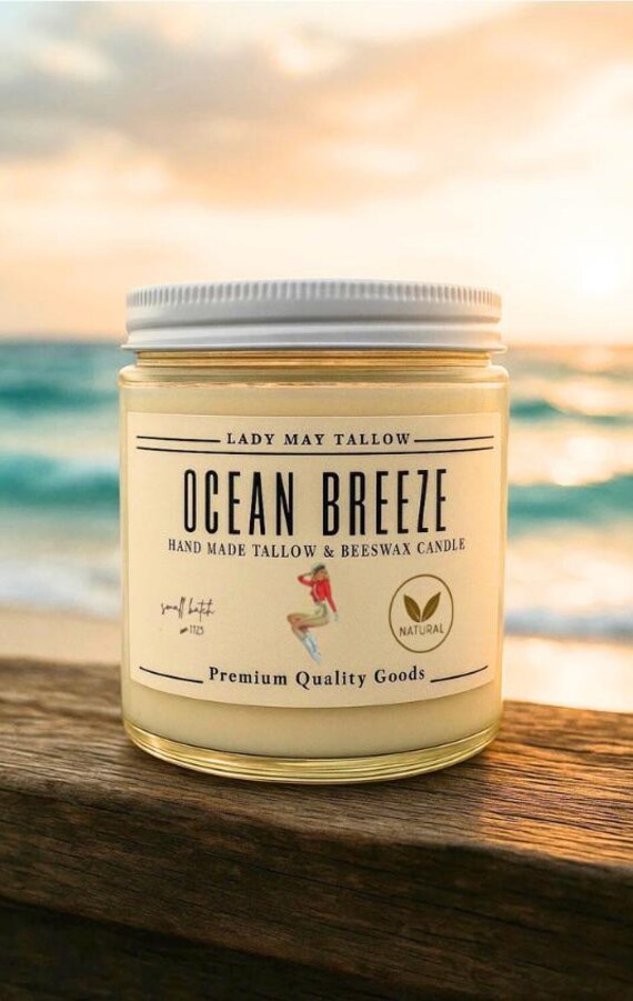 Clean-Burning Ocean Breeze, Tallow & Beeswax Candle | All-Natural, Non-Toxic | Hand-Poured