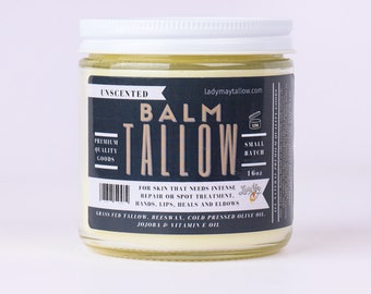 Unscented Tallow Balm, 16oz All Natural Grass Fed Tallow, Vitamin E & Jojoba