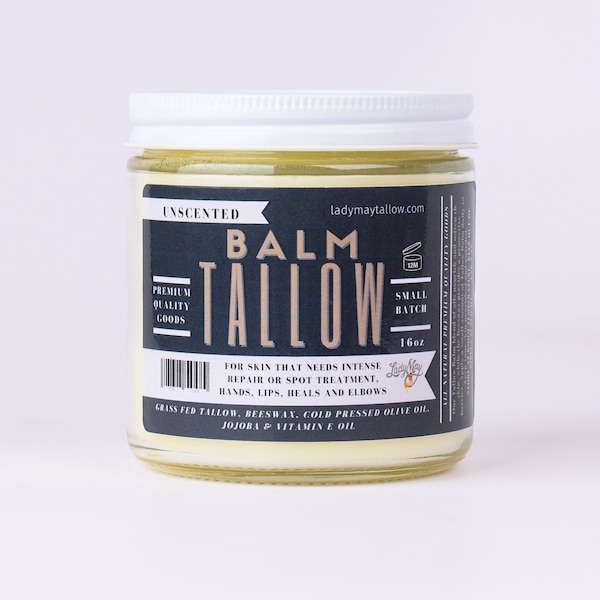 Unscented Tallow Balm, 16oz All Natural Grass Fed Tallow, Vitamin E & Jojoba