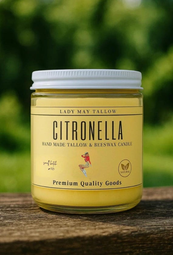 Clean-Burning Citronella, Tallow Beeswax Candle  | All-Natural, Non-Toxic | Hand-Poured