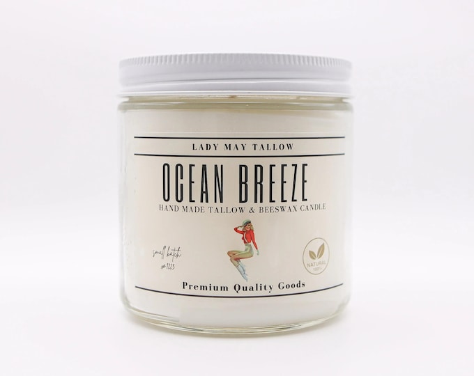 Featured listing image: Clean-Burning Ocean Breeze, Tallow & Beeswax Candle | Hand-Poured