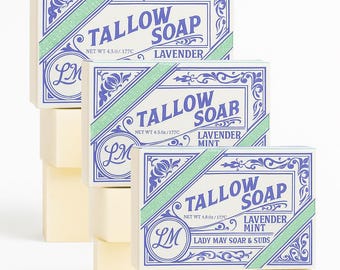 Lavender Mint Tallow Soap 3 Pack | Grass-Fed Beef Tallow Soap Bars for Sensitive Skin | Natural Handmade Bar Soap with Essential Oils