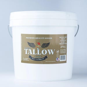 May include: A white bucket with a label that reads "Original Tallow All Natural." The label is gold with black text and features a winged figure. The bucket is for skincare, soap, candle, and DIY projects. Ingredients: beef tallow.