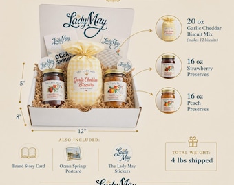Southern Biscuit Mix & Jam Gift Box | Garlic Cheddar Biscuit Mix with Strawberry and Peach Preserves | Housewarming Foodie Gift Basket