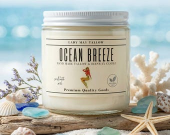 Ocean Breeze Tallow Candle 16 oz | Beef Tallow & Beeswax Candle | Non Toxic Clean Burning Coastal Candle | Hand Poured Grass Fed Tallow