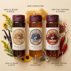 May include: Three glass bottles of honey products with dark burgundy lids. The labels read "Vanilla Honey", "Raw Honey", and "Hot Honey". The image also shows vanilla beans, honeycomb, and red chili peppers. Each bottle contains 12 oz (340 g) of product.