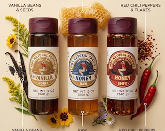 Honey Gift Set 3 Pack | Raw Honey, Vanilla Infused Honey & Hot Honey from Our Own Bee Farm | Small Batch Mississippi Honey Sampler