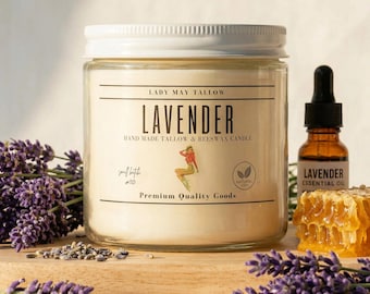 Lavender Tallow Candle 16 oz | Beef Tallow & Beeswax Candle | Non Toxic Clean Burning Candle | Lavender Essential Oil Hand Poured Candle