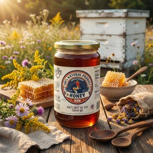 May include: A jar of raw, unfiltered honey with a gold lid, labeled "100% Natural Product Honey." The jar is 12 oz (340 g). Honeycomb, wooden spoons, and a small burlap sack of dried flowers are also visible.