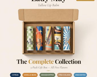 Tallow Lip Balm Bundle | 5 Natural Flavors | Grass-Fed Beef Tallow Lip Balm Set with Beeswax and Jojoba Oil | Handmade Gift Set