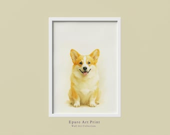 Impresión de perro Corgi en acuarela: Arte mural minimalista moderno (descarga digital)