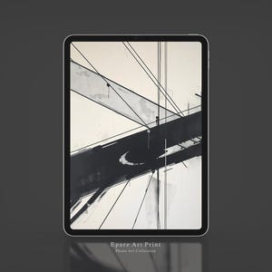 May include: A digital art print displayed on a tablet. The artwork features an abstract design with black and white geometric shapes and lines. The text "Epure Art Print Phone Art Collection" is at the bottom.