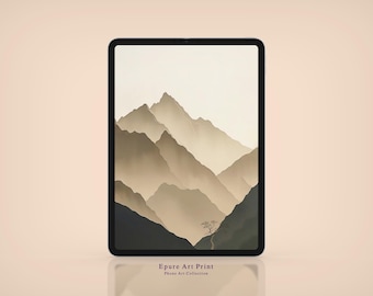 Puede incluir: Una impresión de arte digital en una tableta, que presenta un sereno paisaje montañoso en tonos beige y marrón. La obra de arte representa cadenas montañosas en capas con un pequeño árbol en primer plano. El texto "Epure Art Print" es visible en la parte inferior.