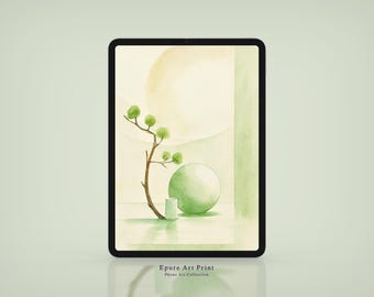 Puede incluir: Una impresión de arte digital que se muestra en una tableta. La obra de arte presenta un estilo de acuarela con una paleta de colores verde y beige. Se representa un árbol estilizado, una esfera y un jarrón. El texto "Epure Art Print" y "Phone Art Collection" son visibles.