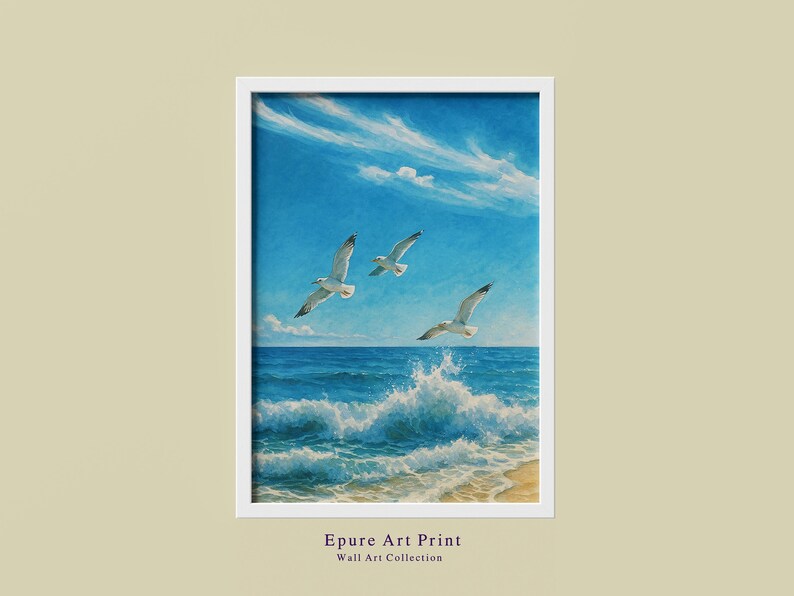Seagull Ocean Watercolor Art Print, Coastal Blue Sky Home Decor ...
